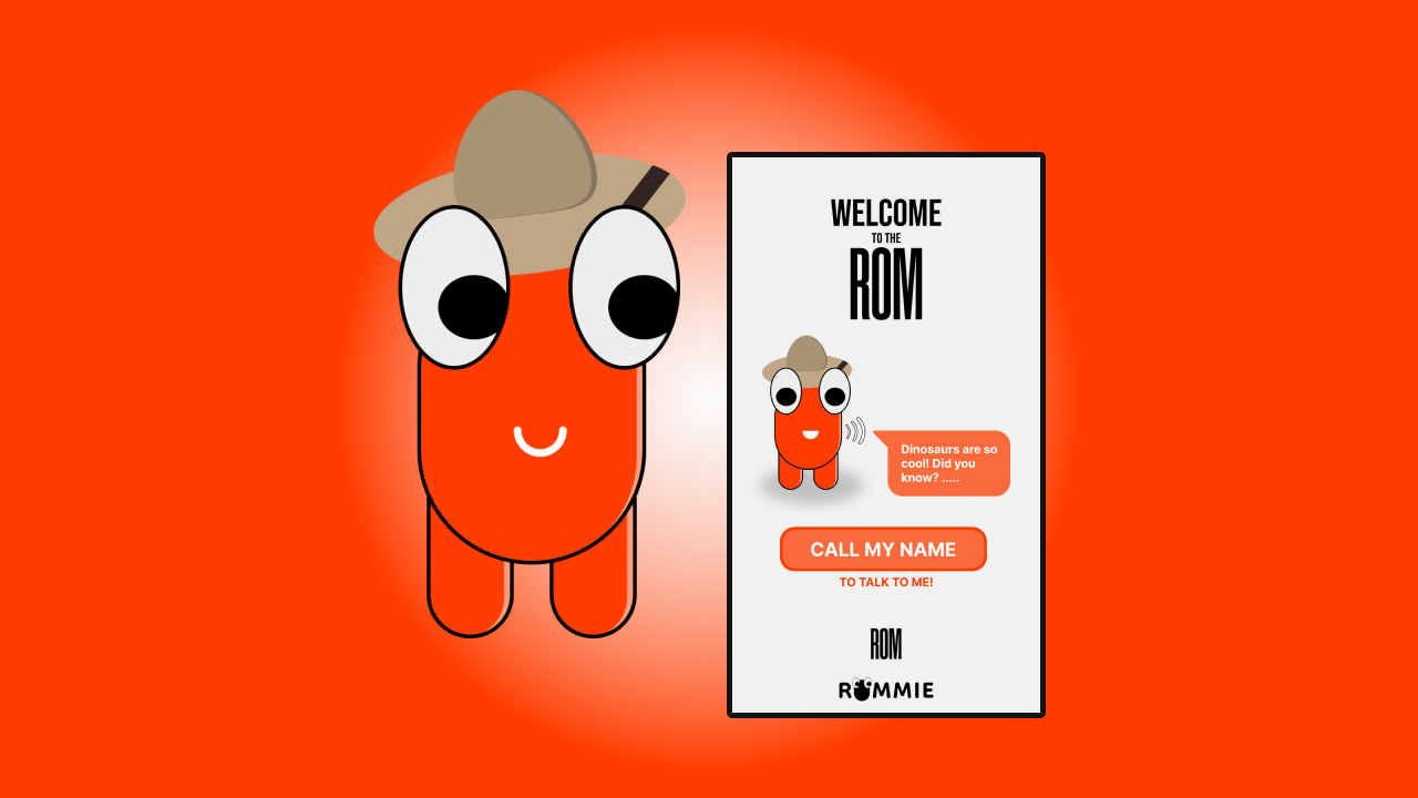 Rommie, an ovular orange cartoon character with eyes and a hat beside a text box user interface.